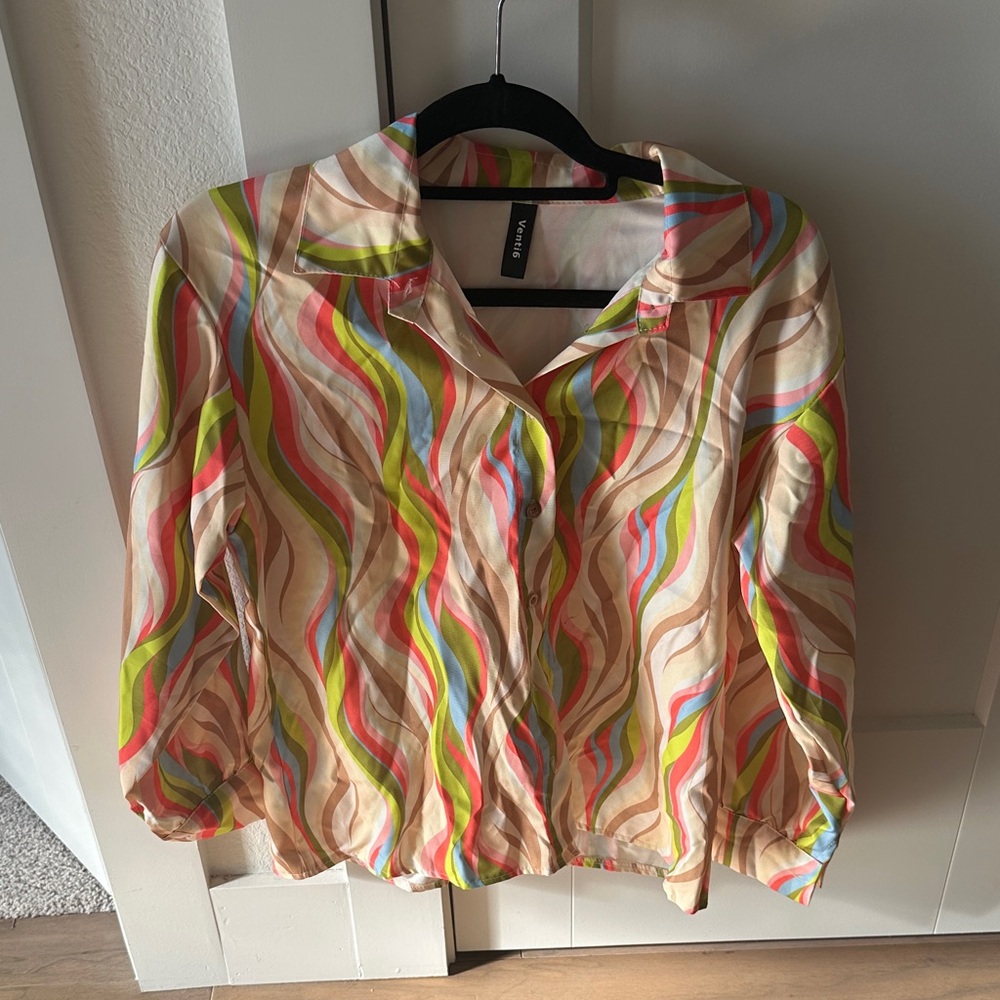 Italian -Multicolor Wave-Print Button-Front Blouse - Cream/Green/Pink